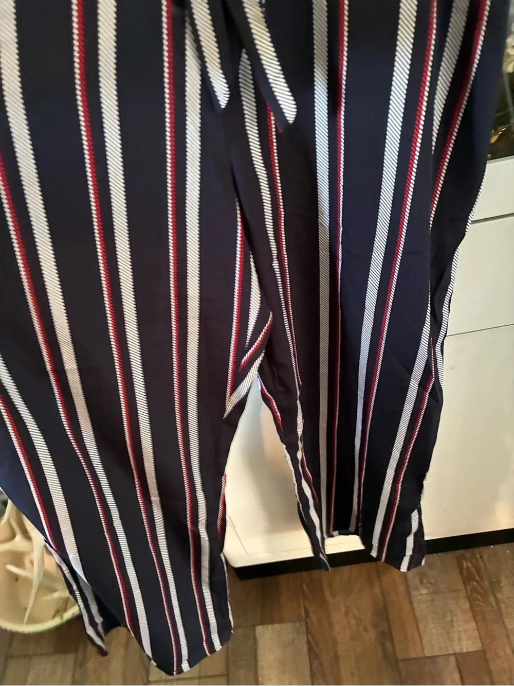 Blush sz L Striped Navy Wide-Leg Jumpsuit with Tie Waist like new!